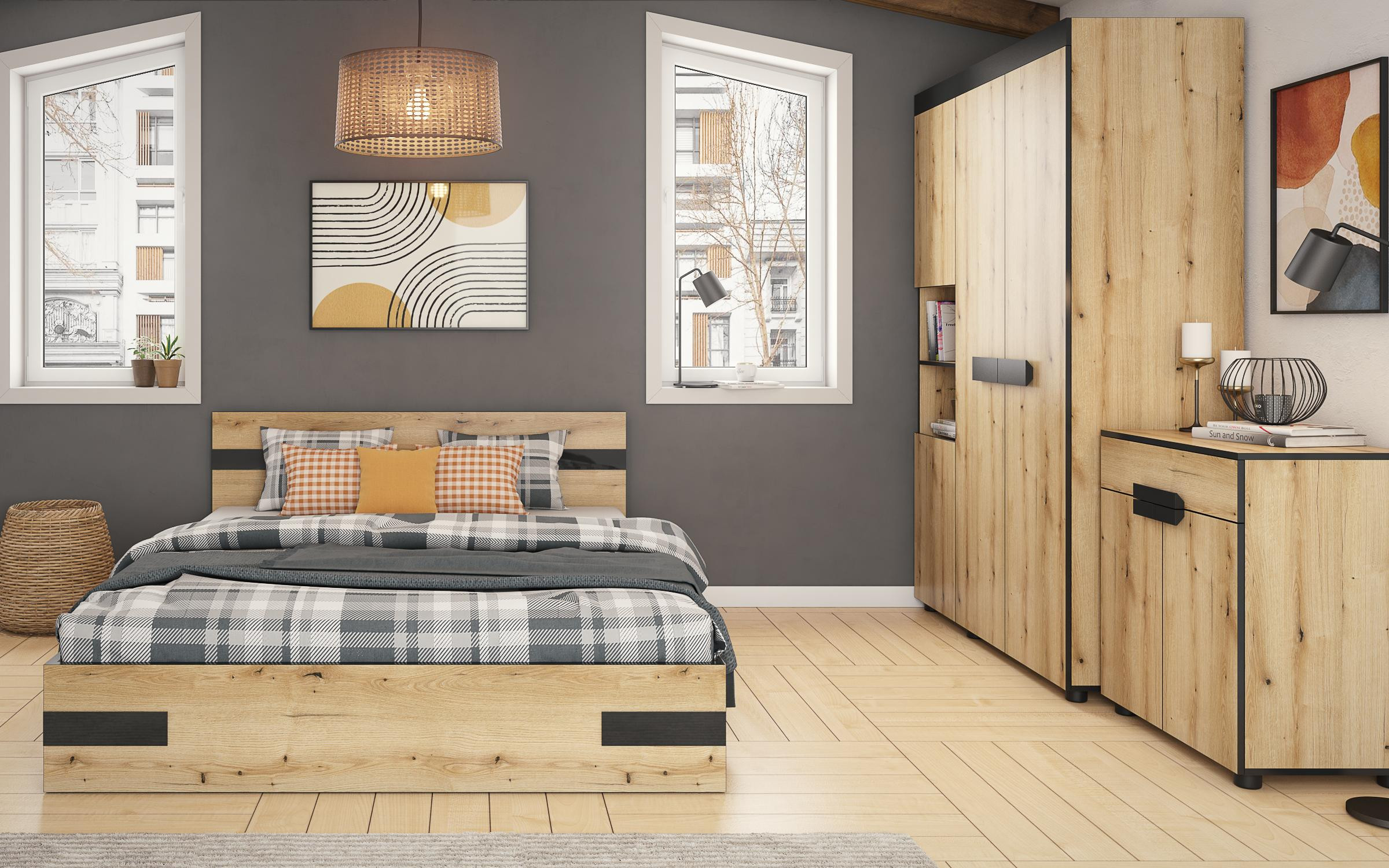 Σετ κρεβατοκάμαρας 160/200 Jessie, δρυς evok + μαύρο γυαλιστερό  5