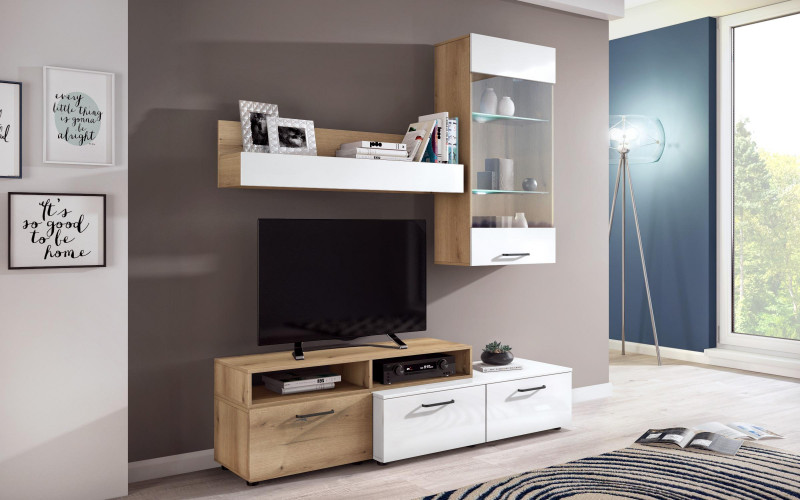 Σύνθετο σαλονιού με φωτισμό LED Shely, δρυς evok  + λευκό γυαλιστερό  1