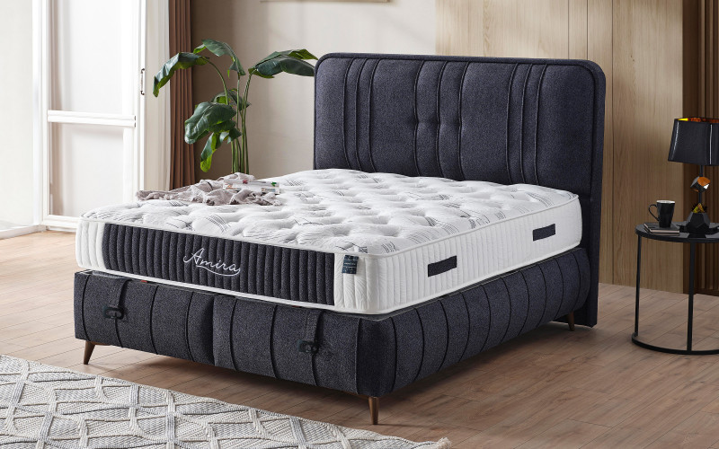 Κρεβάτι Box spring 160/200 Amira + στρώμα, σκούρο μπλε  1